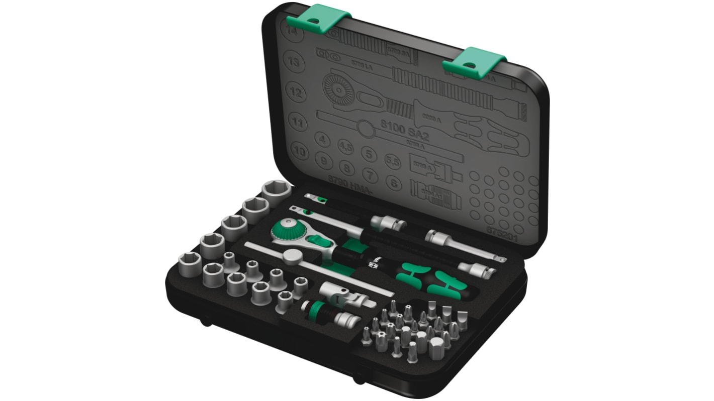 Wera 42-Piece Metric 1/4 in Standard Socket/Bit Set with Ratchet, 6 point; Hex Bit; Phillips Bit; Pozidriv Bit; Slotted