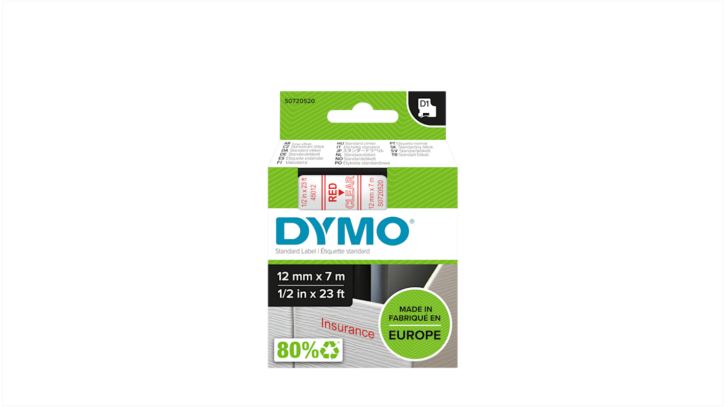 S0720520 | Dymo Red on Clear Label Printer Tape, 7 m Length ...