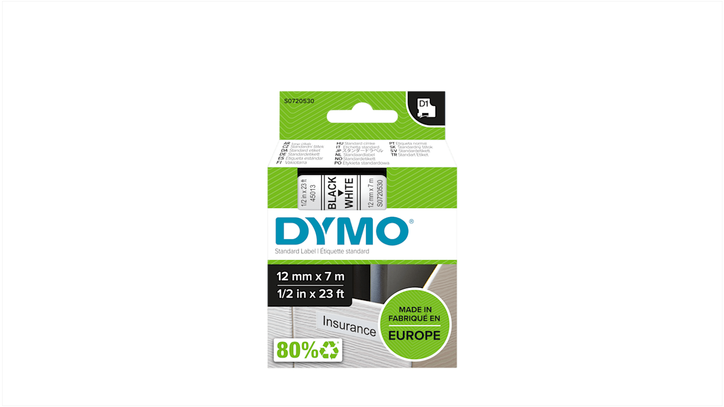 Dymo Black on White Label Printer Tape, 7 m Length, 12 mm Width