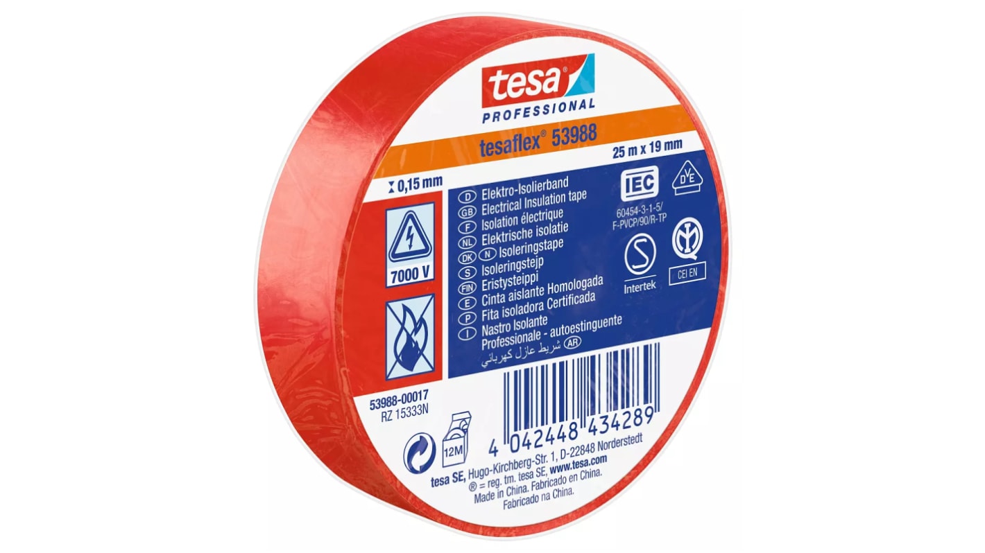 Tesa 53988 Isolierband, PVC Rot, 0.15mm x 19mm x 25m, 0°C bis +90°C