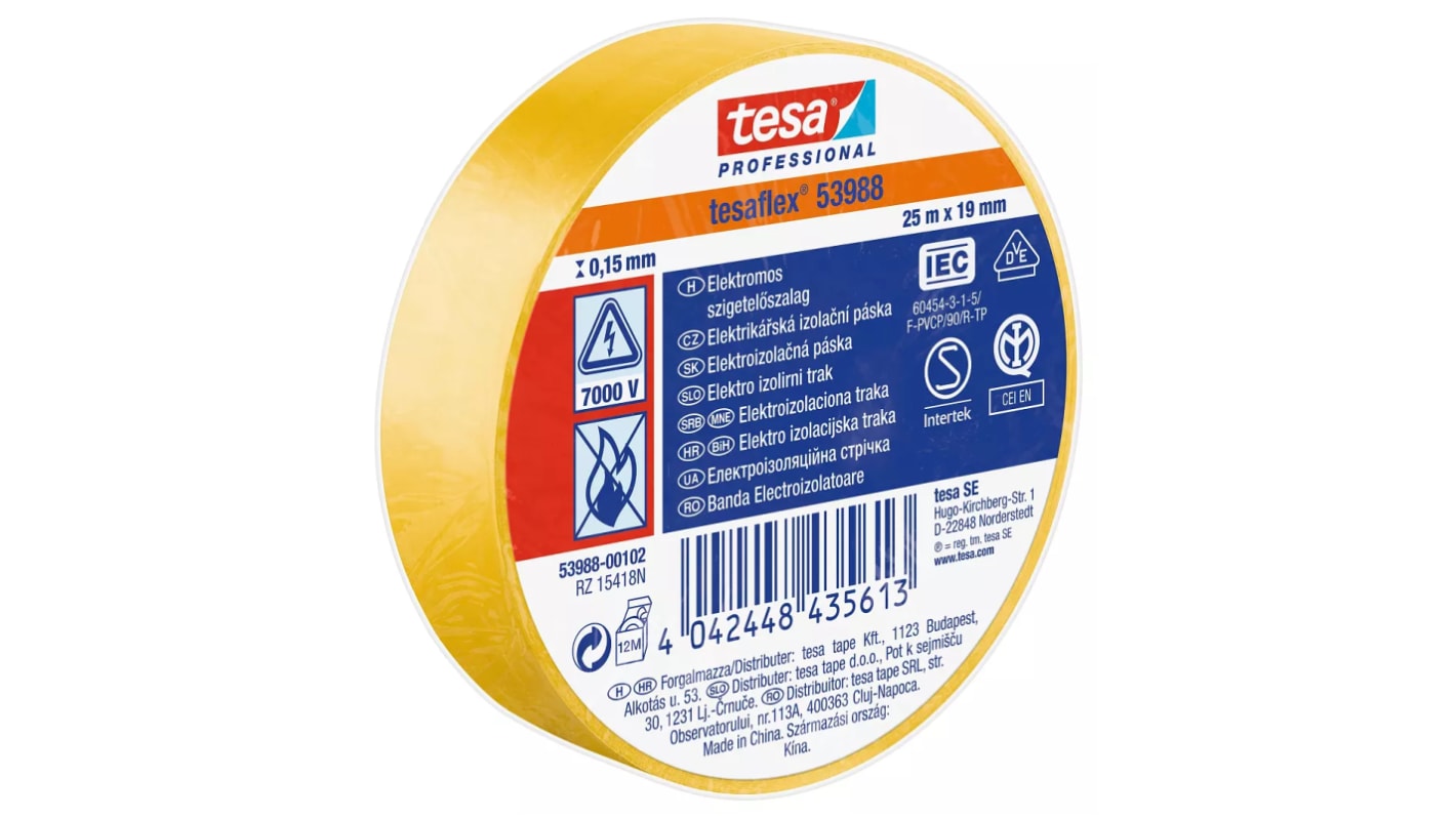 Tesa 53988 Yellow PVC Electrical Tape, 19mm x 25m