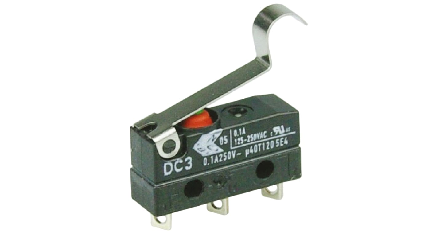 ZF Mikroschalter Rollenhebel simuliert-Betätiger Lötanschluss, 100 mA @ 30 V dc, SPDT IP 6K7 0,78 N -40°C - +120°C