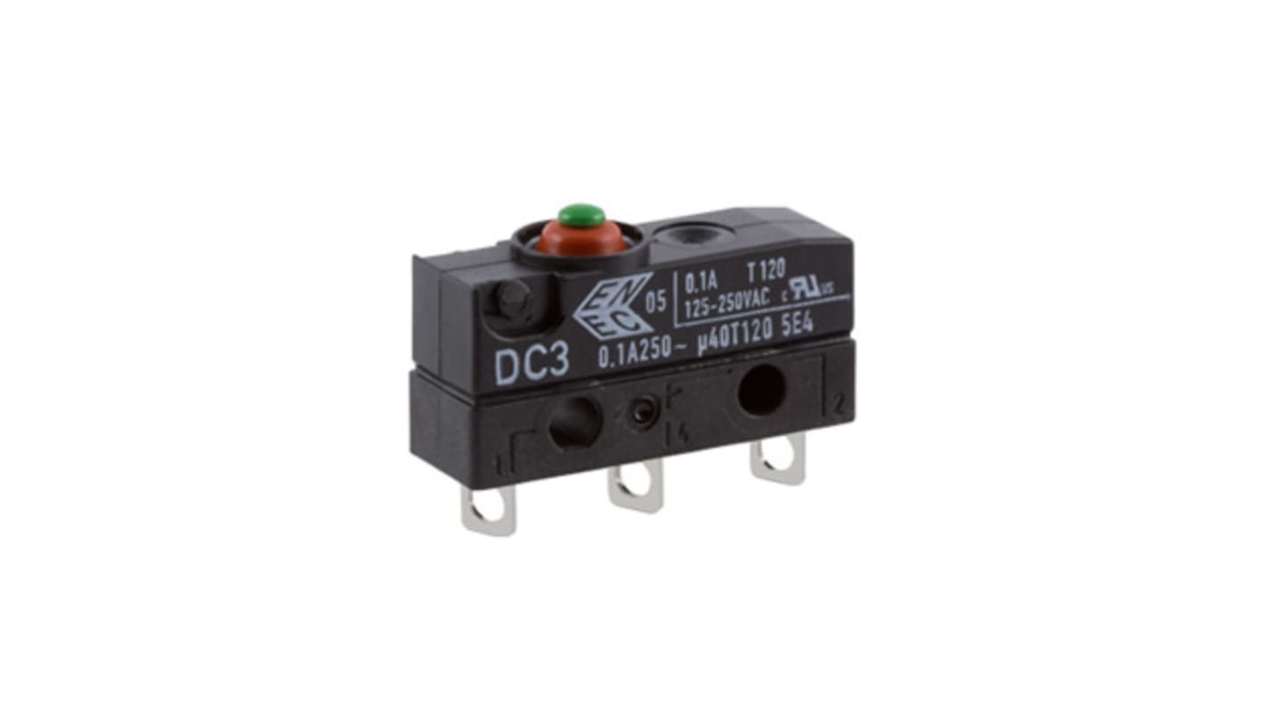DC3CA1AA ZF Button Micro Switch, Solder Terminal, 100 mA 30 V dc