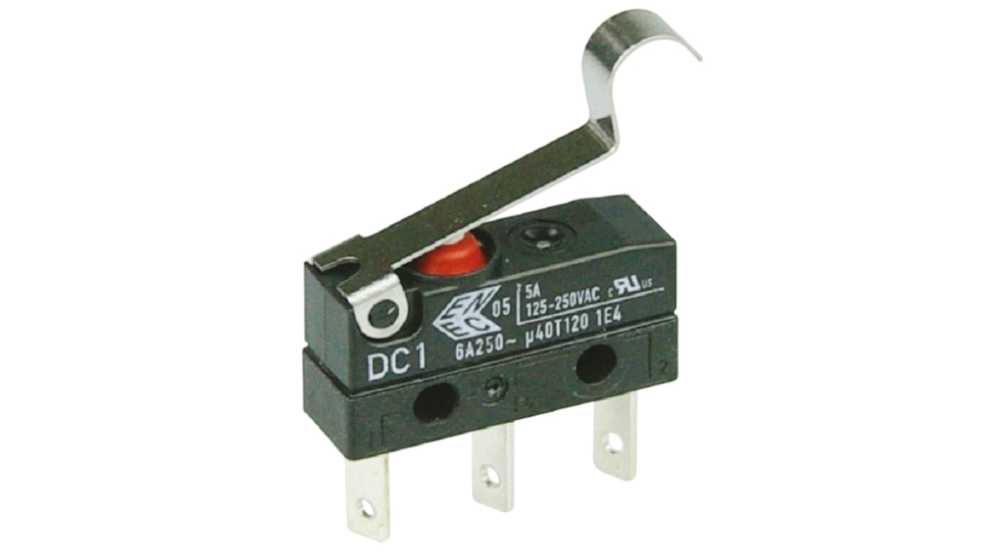 ZF Mikroschalter Rollenhebel simuliert-Betätiger Flachstecker, 6 A @ 250 V ac, SPDT IP 6K7 0,78 N -40°C - +120°C