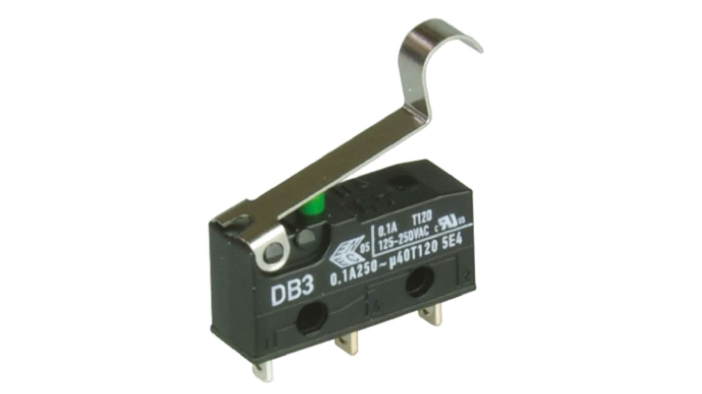 ZF Mikroschalter Rollenhebel simuliert-Betätiger Lötanschluss, 100 mA @ 30 V dc, SPDT 0,54 N -40°C - +120°C