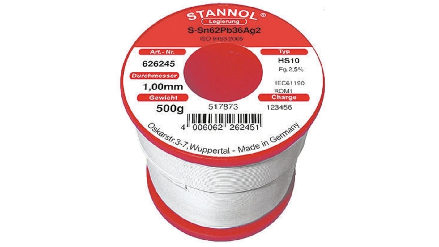 Stannol HS10 Lot 62%Sn 36%Pb 2%Ag, 179°C, Ø 1mm / 500g