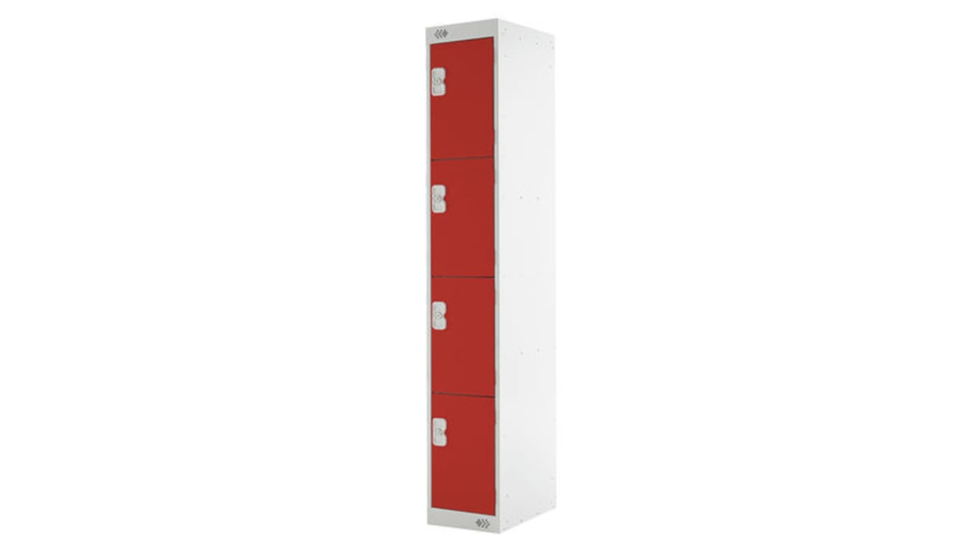 RS PRO 4 Door Steel Red Industrial Locker, 1800 mm x 300 mm x 450mm