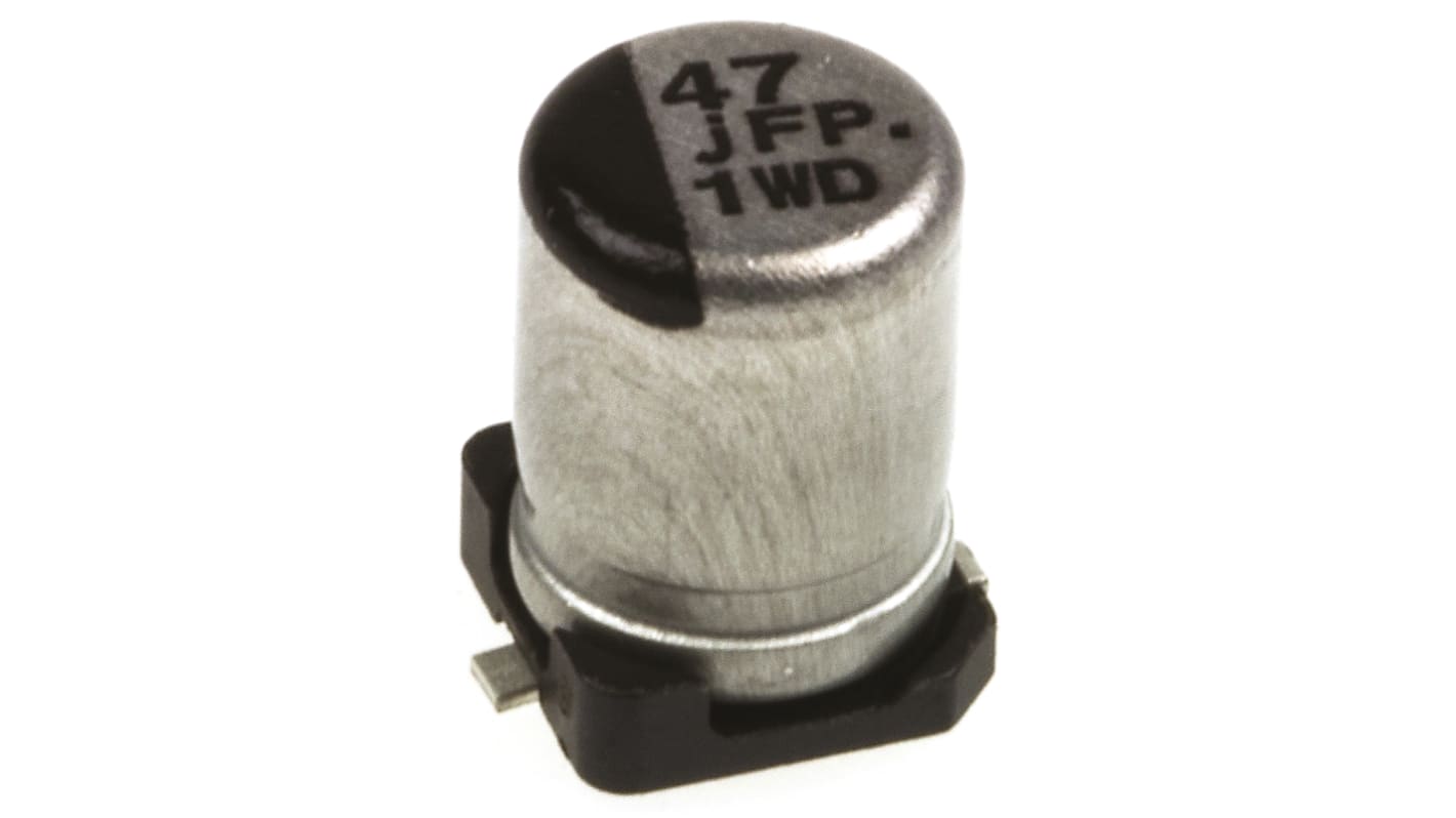 Condensador electrolítico Panasonic serie FP SMD, 47μF, ±20%, 6.3V dc, mont. SMD, 4 (Dia.) x 5.8mm