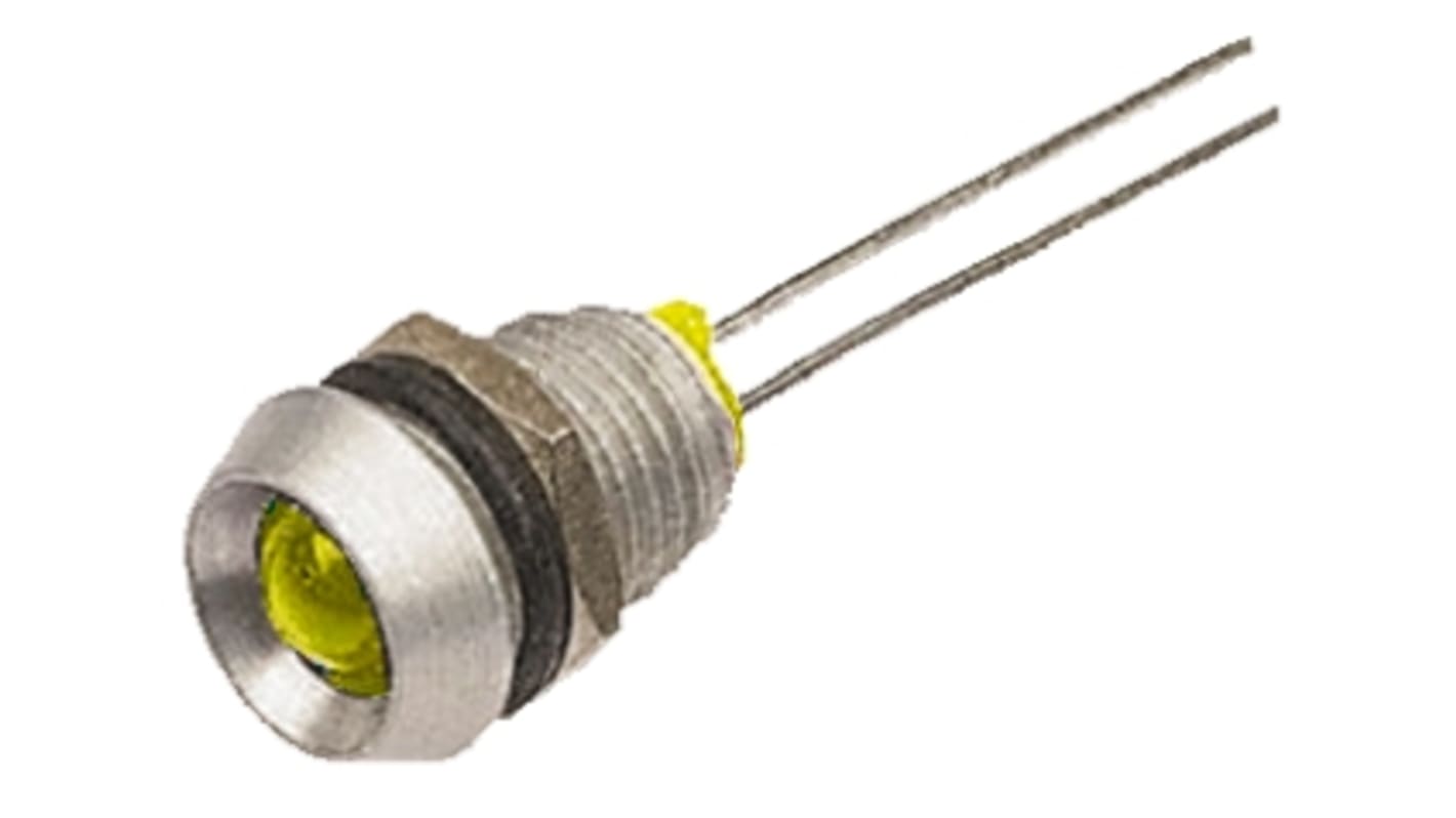 Bulgin Yellow Panel Mount Indicator, 2.1V dc, 8mm Mounting Hole Size, Lead Wires Termination