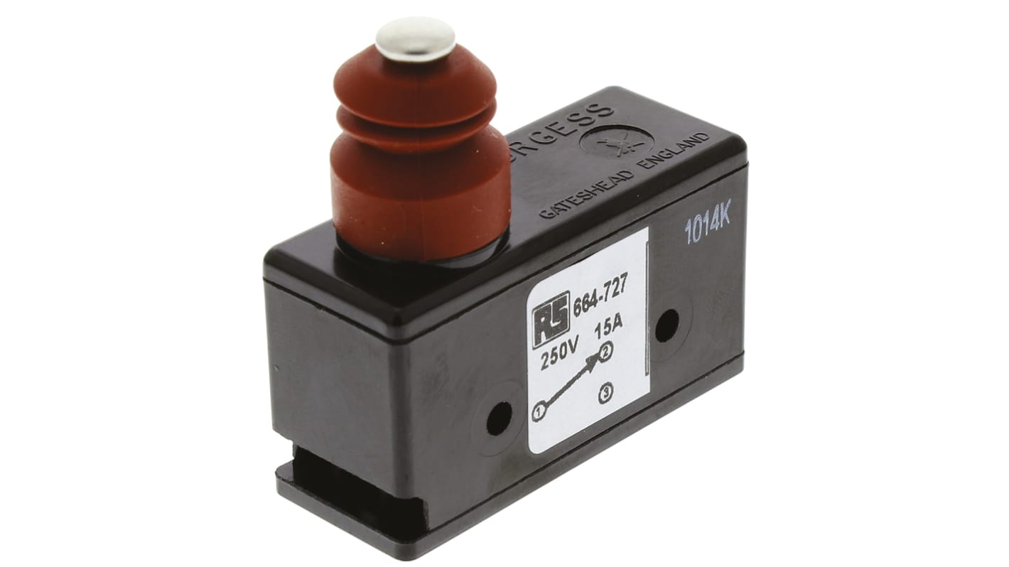 Saia-Burgess Plunger Microswitch, Screw Terminal, 15 A @ 250 V ac, SPDT, IP54