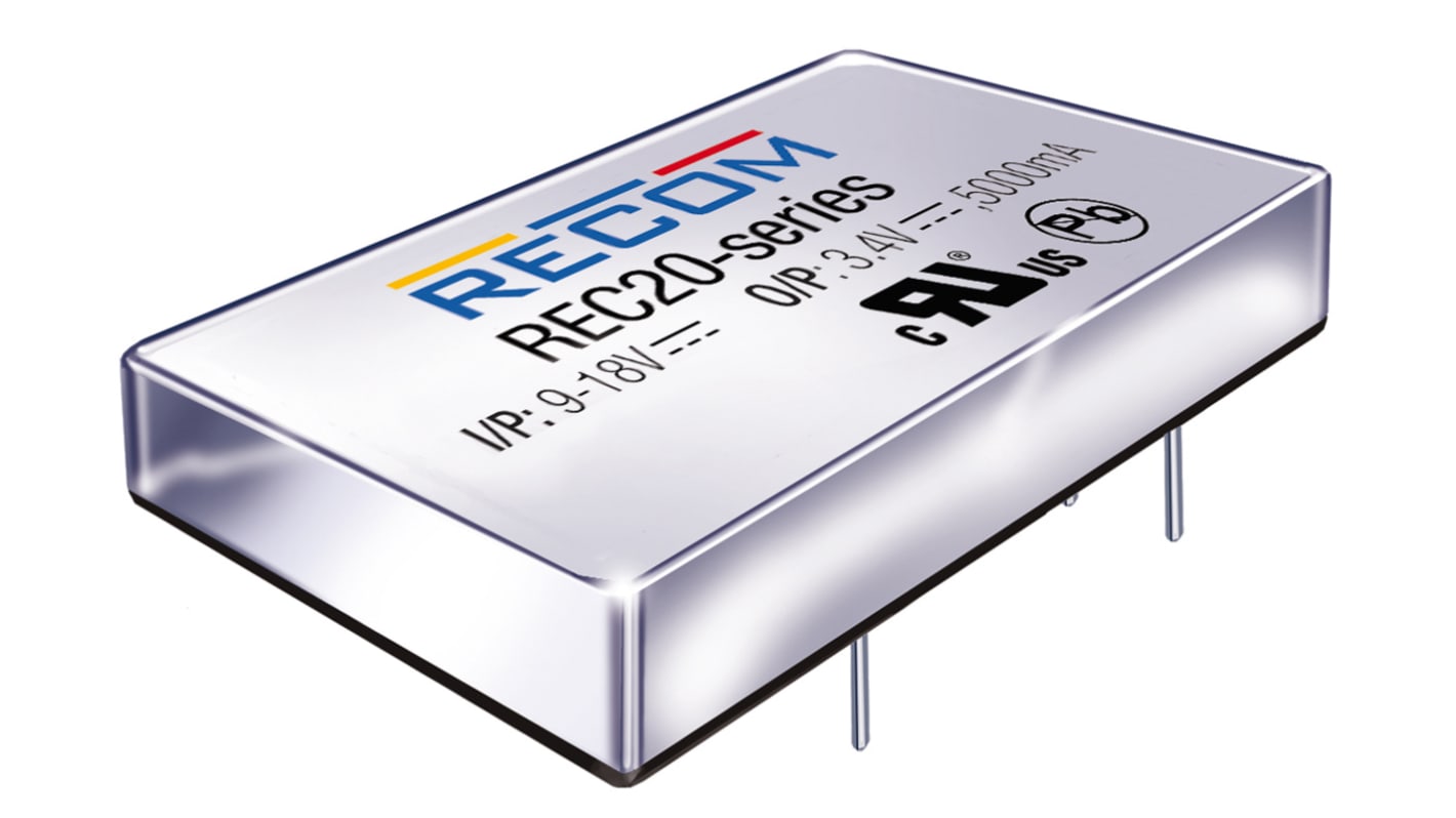 Recom REC20 DC/DC-Wandler 20W 24 V dc IN, ±12V dc OUT / ±835mA Durchsteckmontage 1.6kV dc isoliert