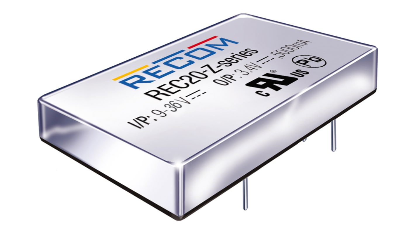 Recom REC20-Z DC-DC Converter, 5V dc/ 4A Output, 9 → 36 V dc Input, 20W, Through Hole, +100°C Max Temp -40°C Min