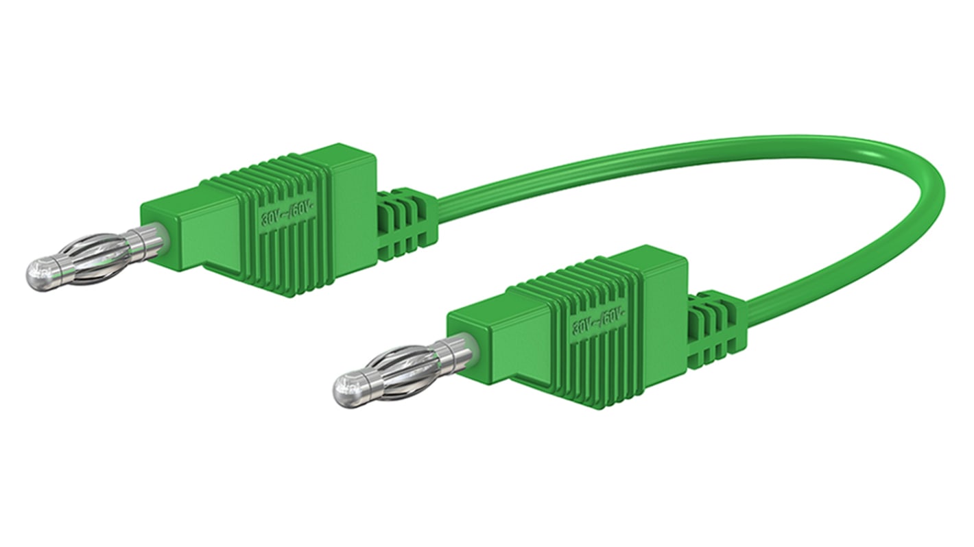Cable de prueba con conector de 4 mm Staubli de color Verde, Macho-Macho, 30 V ac, 60V dc, 15A, 500mm