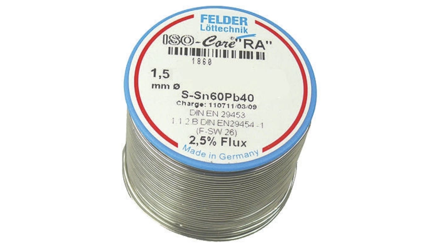 Hilo de soldar Felder Lottechnik de 1.5mm, fusión a: 183°C, composición: Sn 60%, Pb 40%, peso 1000g