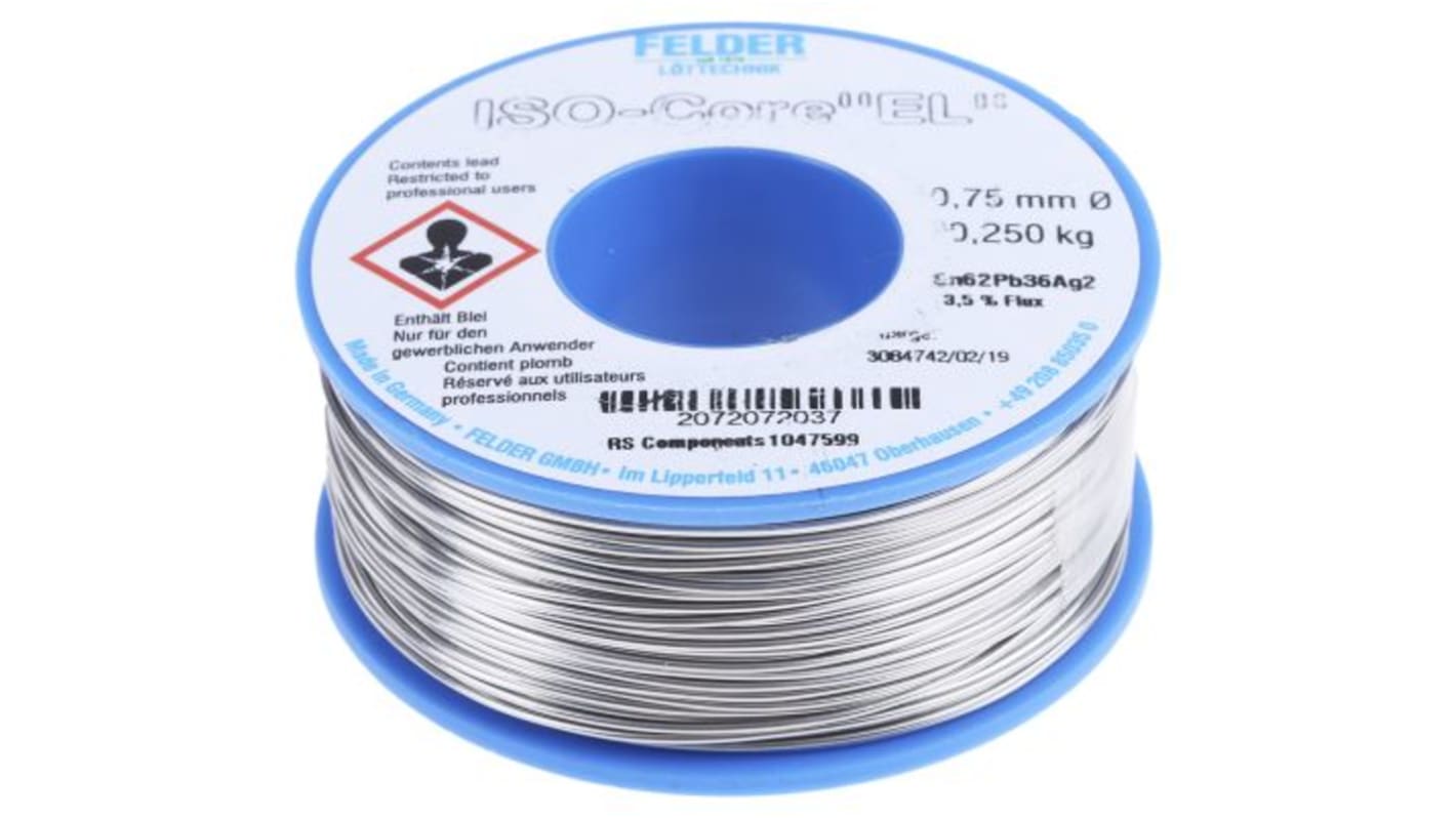 Fil à souder Felder Lottechnik 0.75mm, 250g, Plomb 36%, Etain 62%, Argent 2%, fusion à 179°C