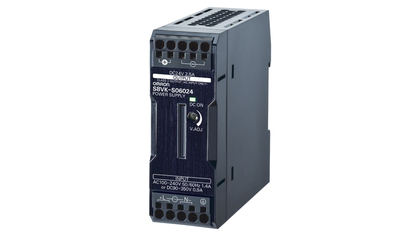 Omron S8VK-S -Phasen Getaktet DIN-Schienen Netzteil 60W, 85 → 264 V ac / 90 → 350V dc, 24V dc / 2.5A