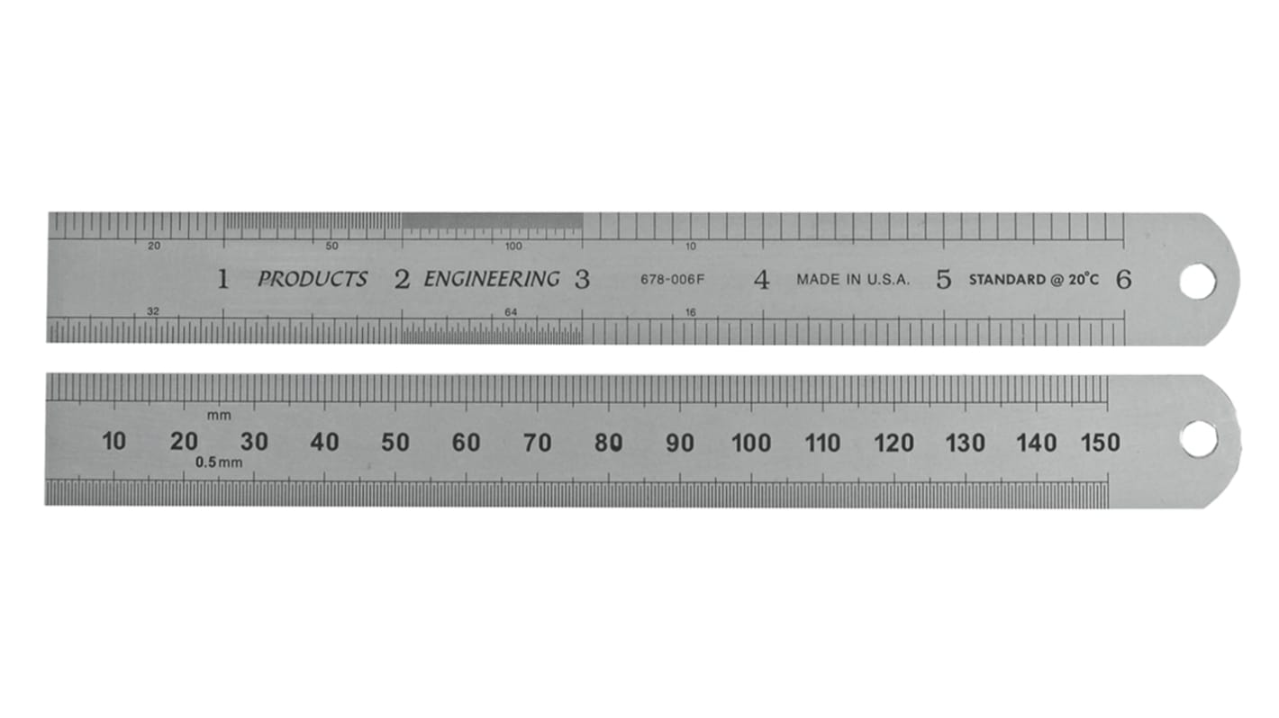 RS PRO Acél Vonalzó, Szatén króm felülettel, 150mm x 19mm, Angolszász, Metrikus