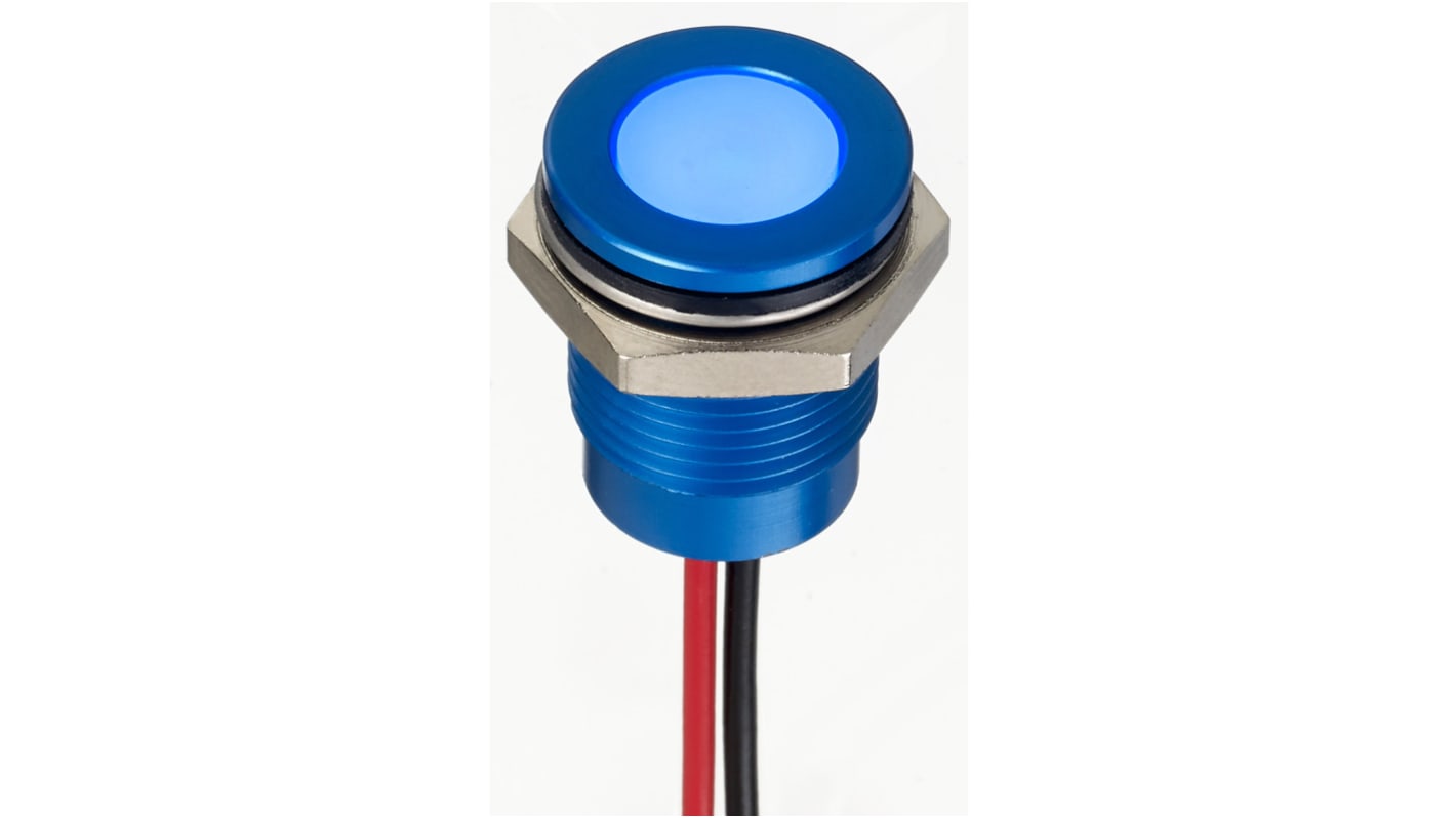 RS PRO Blue Panel Mount Indicator, 24V dc, 14mm Mounting Hole Size, Lead Wires Termination, IP67