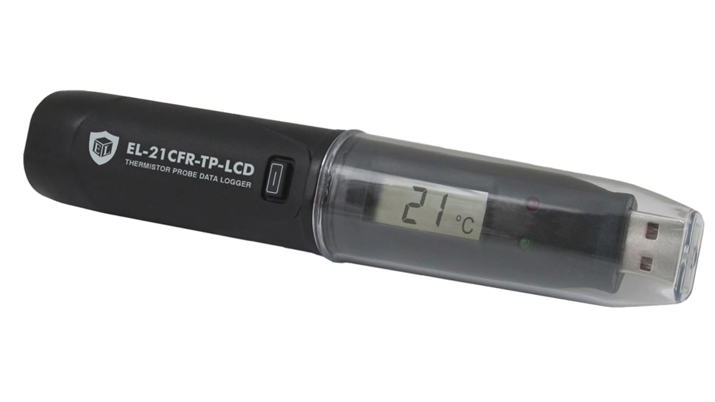 Registrador de datos Lascar EL-21CFR-TP-LCD, calibrado RS, para Temperatura, con alarma, display LCD, interfaz USB