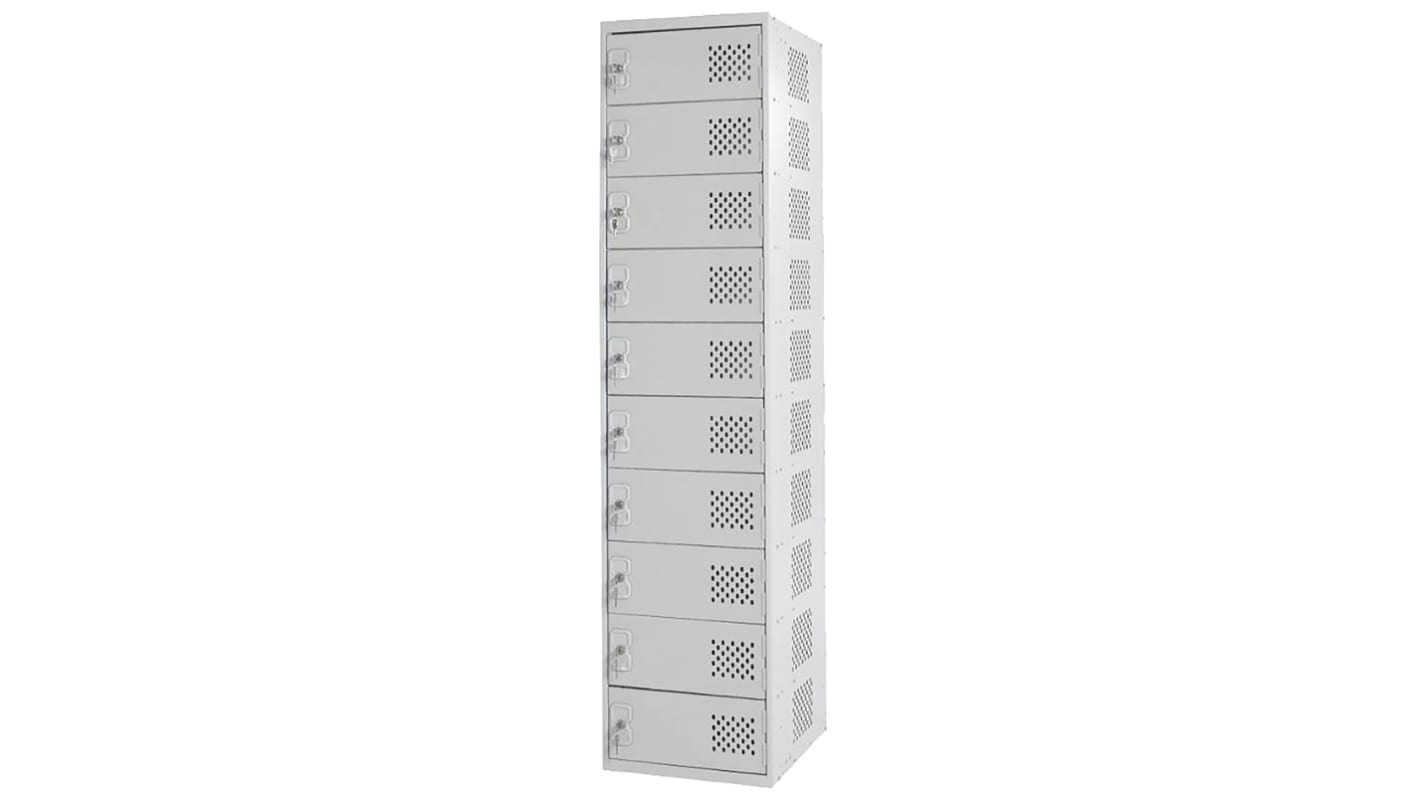 RS PRO 10 Door Vented Mild Steel Grey Laptop Charging Locker, 1800 mm x 450 mm x 450mm