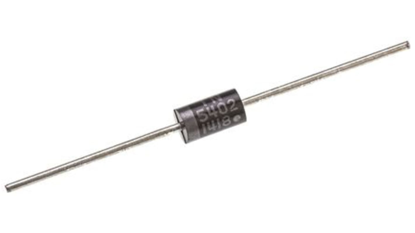 Diodo, 1N5402RLG, Rectificador de recuperación, 3A, 200V Conexión de silicio, Cable axial, 2-Pines 1V