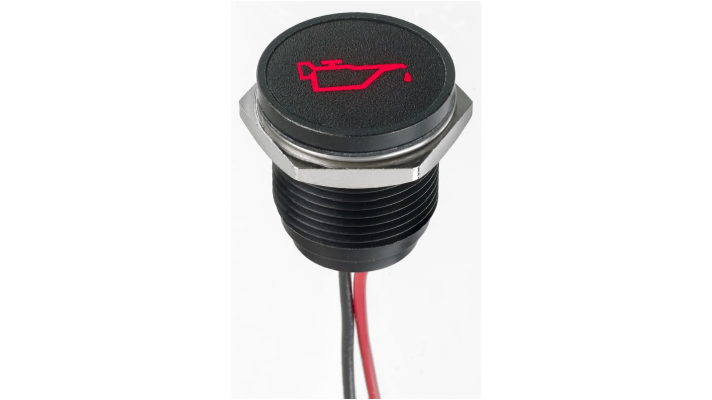 APEM Red Panel Mount Indicator, 12V dc, 16mm Mounting Hole Size, Lead Wires Termination, IP67