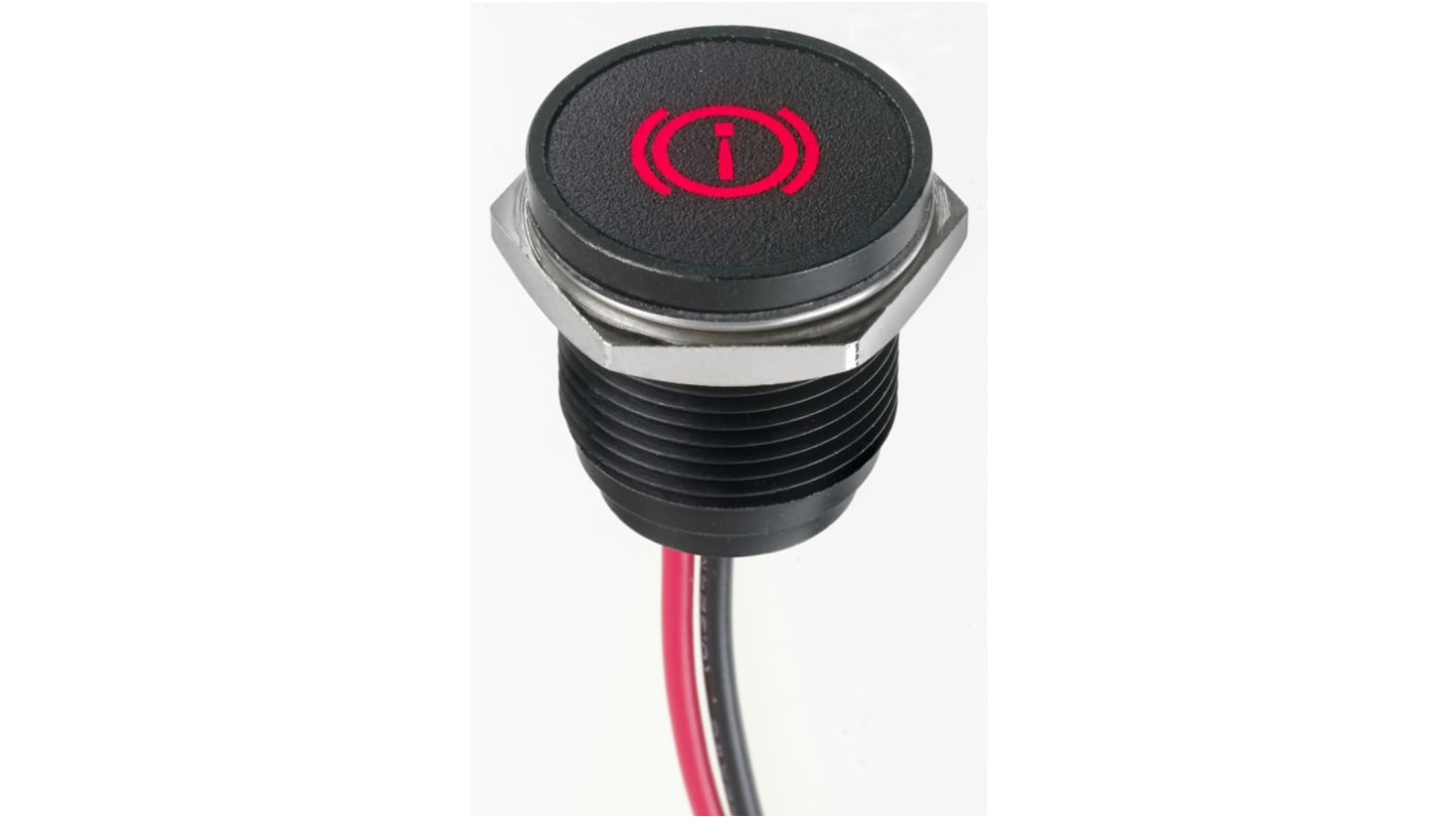Indikátor pro montáž do panelu 16mm Zapuštěné barva Červená, typ žárovky: LED Olověné dráty, 12V dc APEM