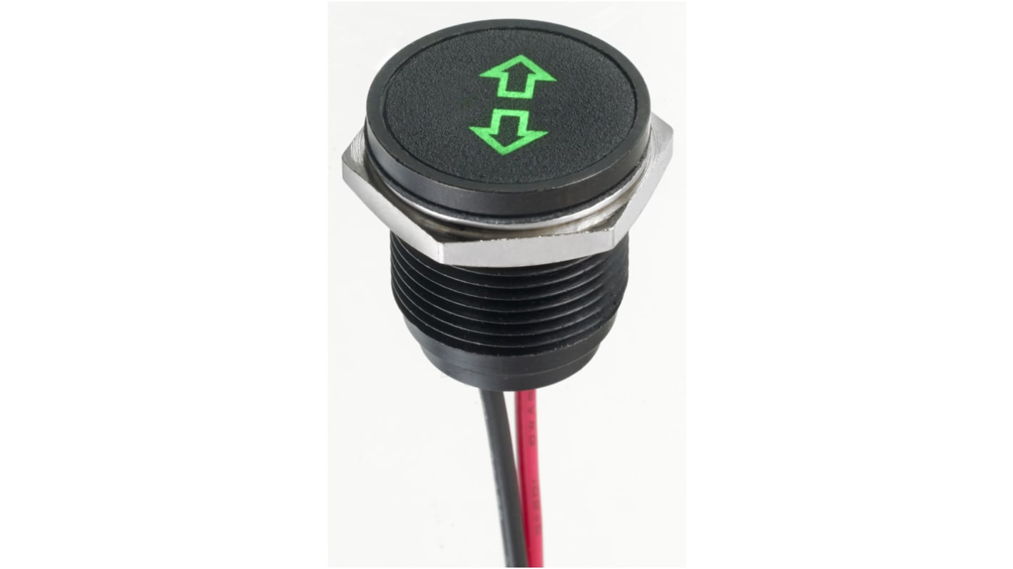 APEM Green Panel Mount Indicator, 12V dc, 16mm Mounting Hole Size, Lead Wires Termination, IP67