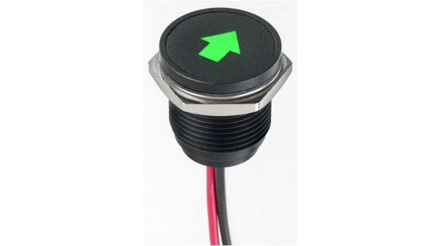 Indikátor pro montáž do panelu 16mm Zapuštěné barva Zelená, typ žárovky: LED Olověné dráty, 12V dc APEM