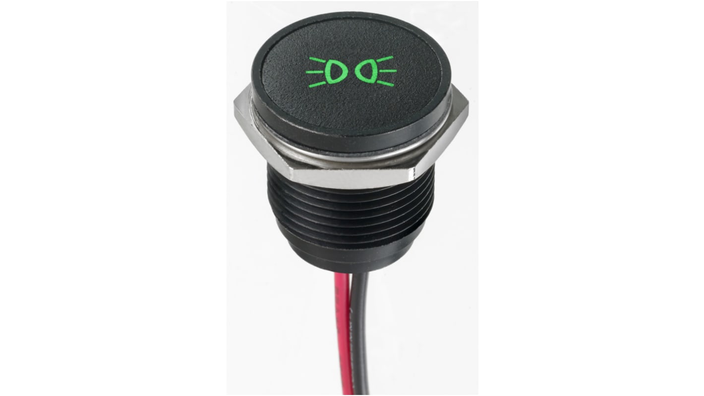 Indicador LED APEM, Verde, lente enrasada, marco Negro, Ø montaje 16mm, 12V dc, 20mA, 250mcd, IP67