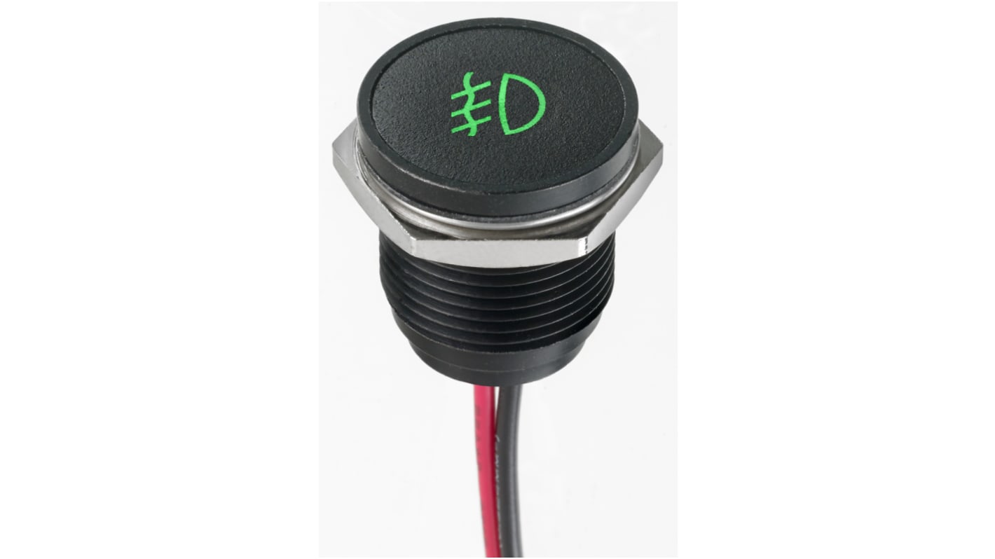 APEM Green Indicator, 12V dc, 16mm Mounting Hole Size, Lead Wires Termination, IP67