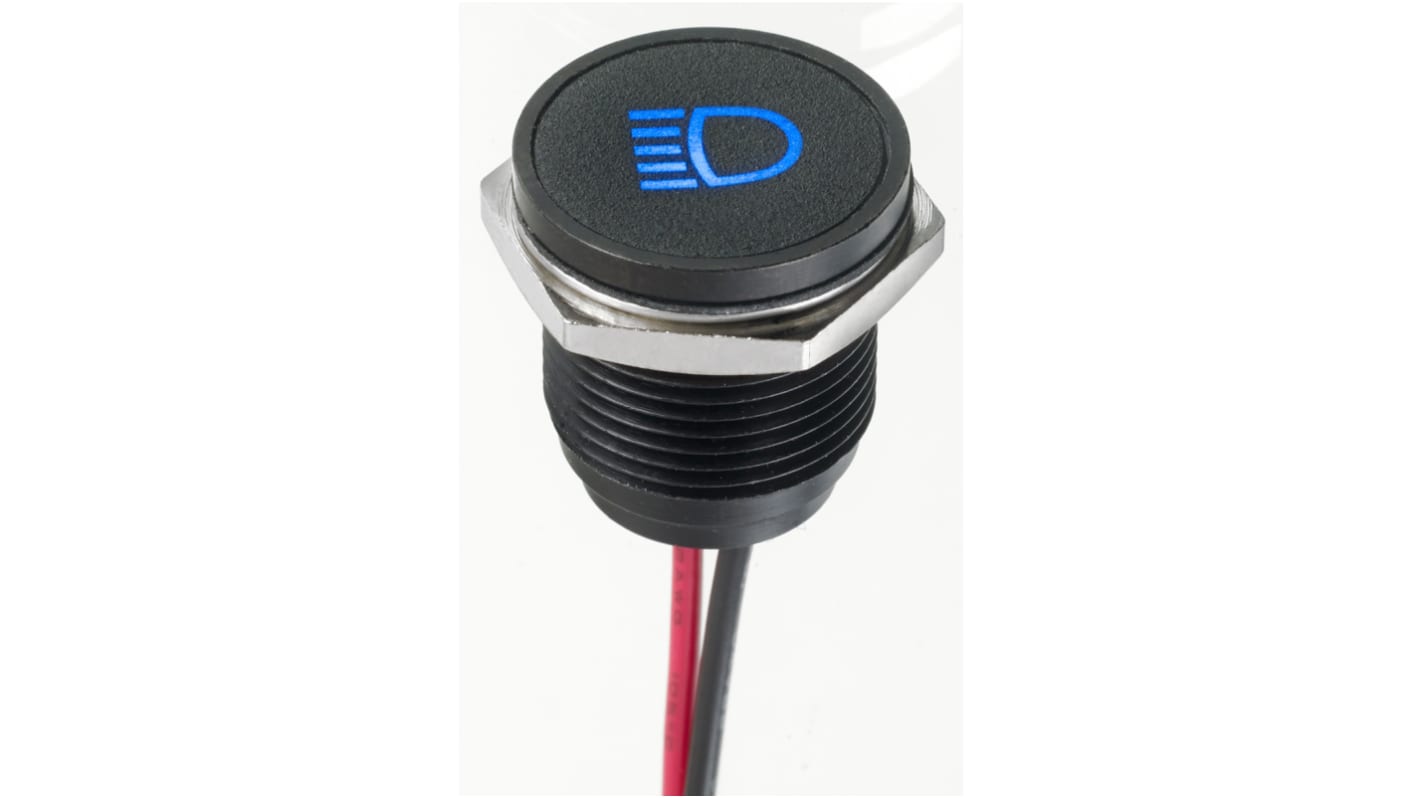 Indikátor pro montáž do panelu 16mm Zapuštěné barva Modrá, typ žárovky: LED Olověné dráty, 12V dc APEM