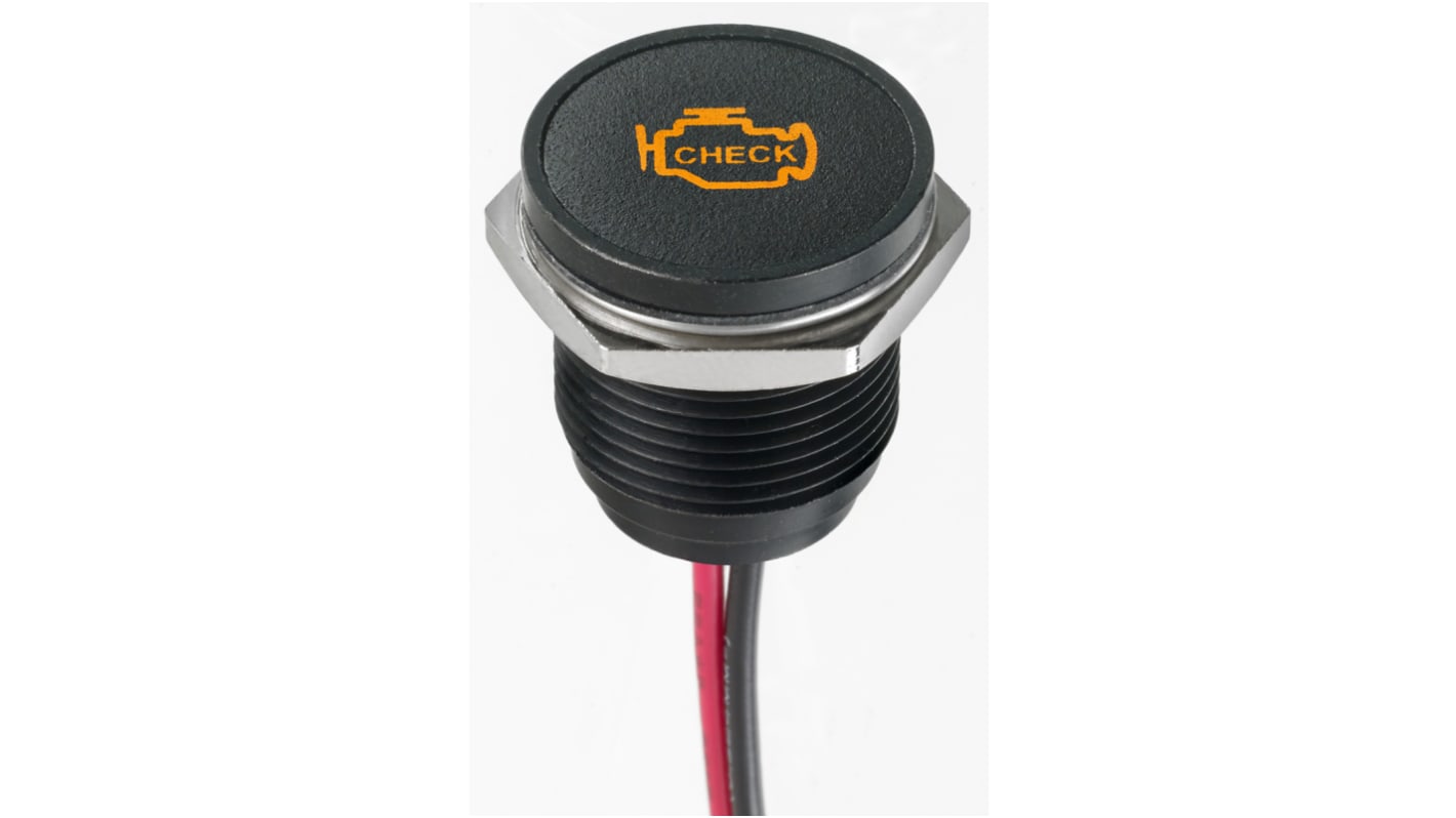 APEM Orange Panel Mount Indicator, 12V dc, 16mm Mounting Hole Size, Lead Wires Termination, IP67