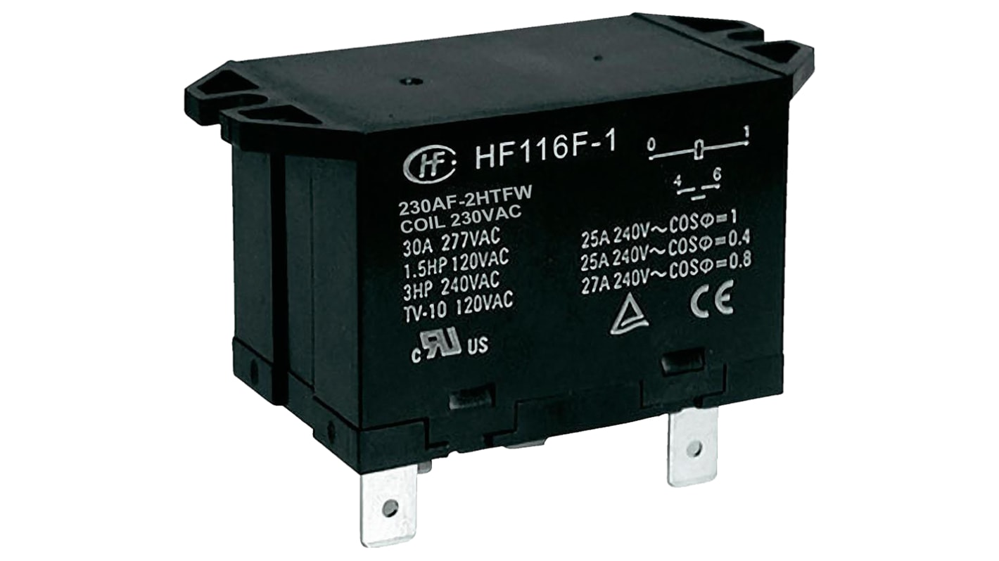 Hongfa Europe GMBH Flange Mount Power Relay, 230V ac Coil, 25A Switching Current, DPST