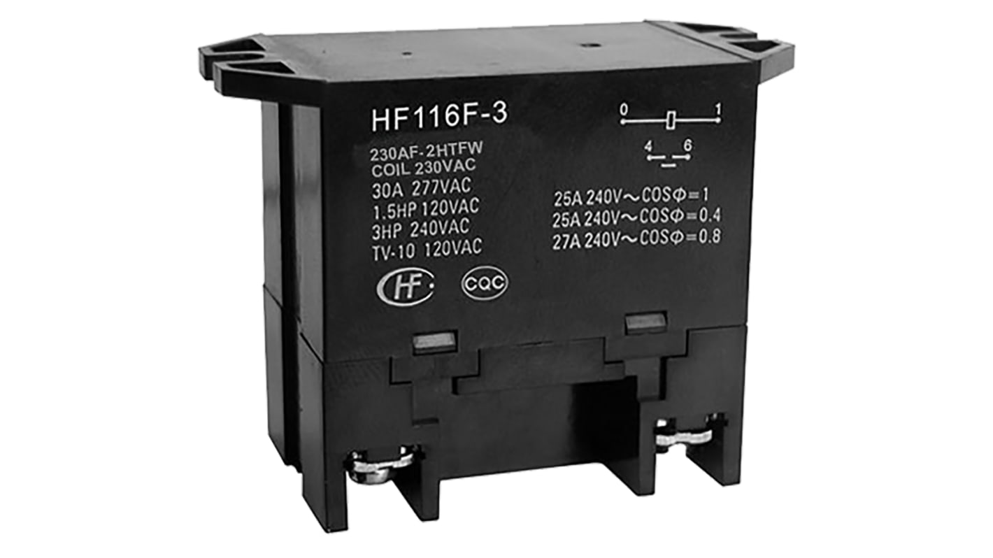 Relé de potencia sin enclavamiento Hongfa Europe GMBH de 2 polos, DPST, bobina 230V ac, 25A, Montaje por reborde