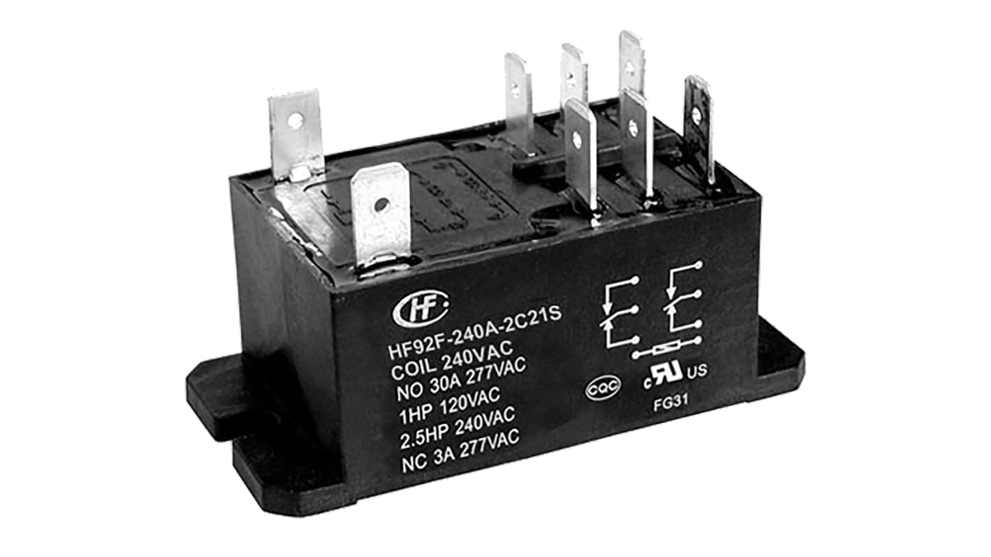 Hongfa Europe GMBH Flange Mount Power Relay, 240V ac Coil, 30A Switching Current, DPDT