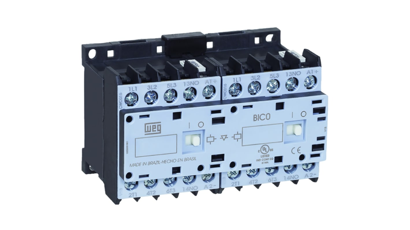 Contacteur inverseur WEG série CWCI0, 3 pôles , 3NO, 9 A, 110 V c.a., 4 kW