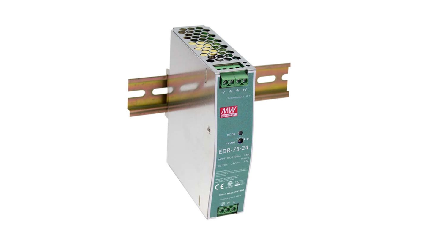 MEAN WELL EDR Switch Mode DIN Rail Power Supply, 90 → 264V ac ac Input, 12V dc dc Output, 6.3A Output, 75W