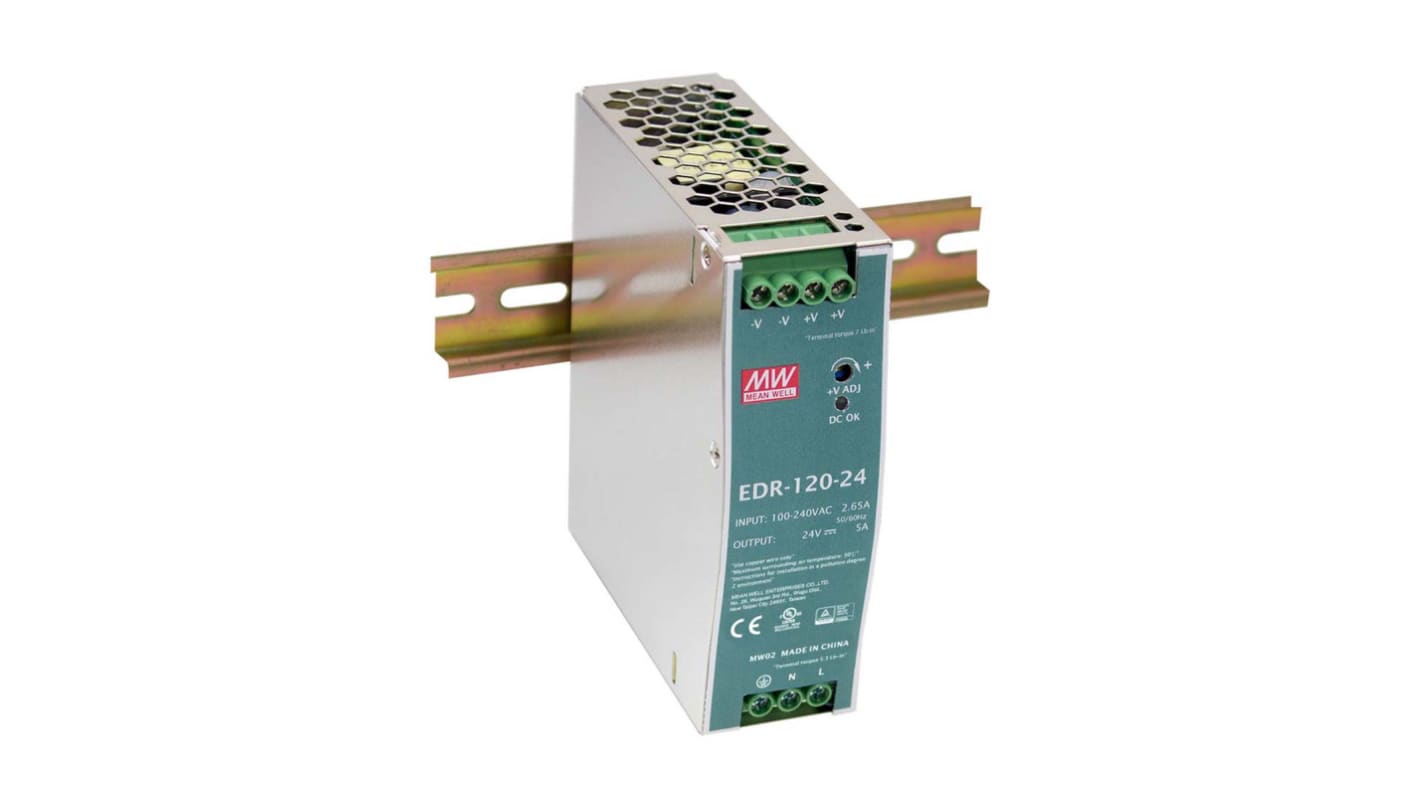 MEAN WELL EDR Switched Mode DIN Rail Power Supply, 90 → 264V ac ac Input, 48V dc dc Output, 2.5A Output, 120W