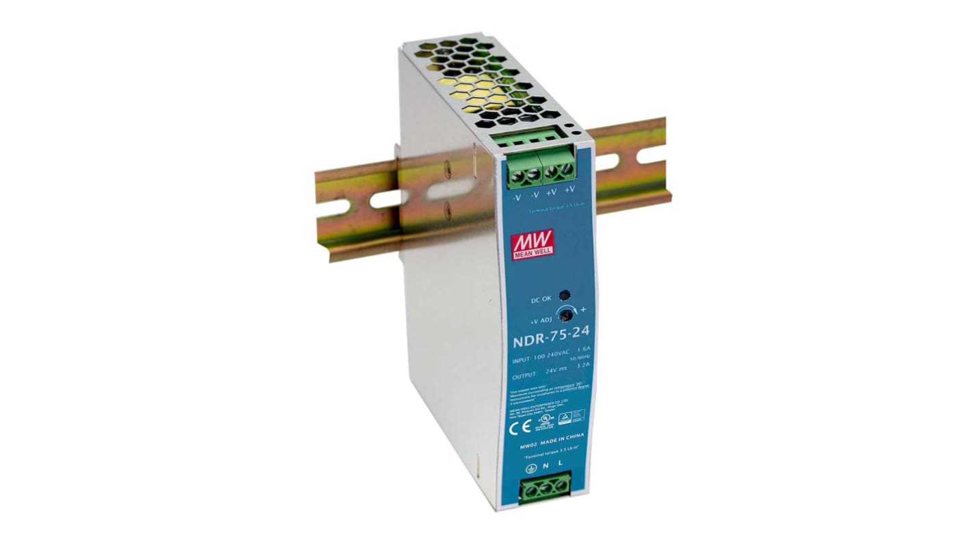 MEAN WELL NDR Switch Mode DIN Rail Power Supply, 90 → 264V ac ac Input, 24V dc dc Output, 3.2A Output, 75W