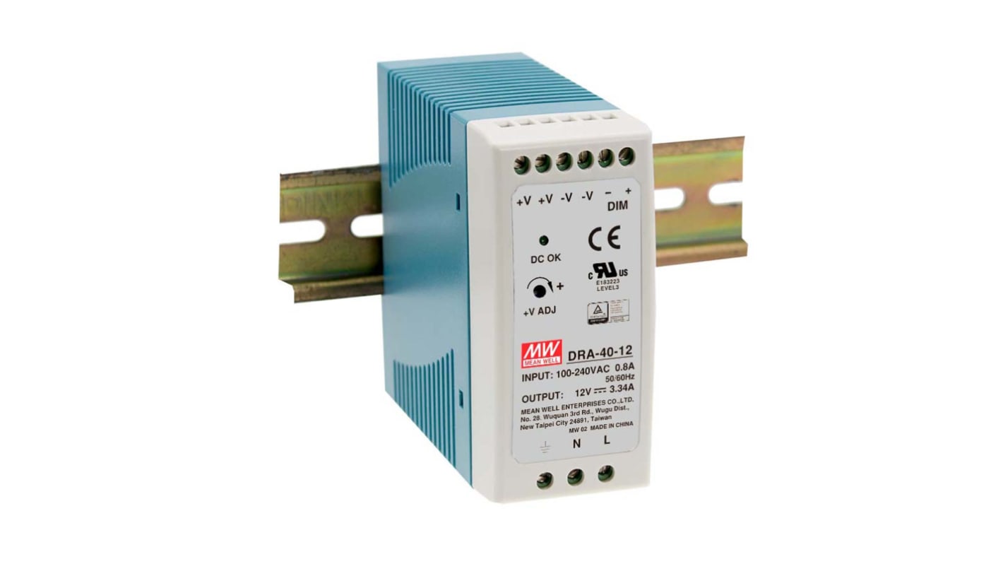 MEAN WELL DRA Switched Mode DIN Rail Power Supply, 90 → 264 V ac / 120 →370V dc ac, dc Input, 24V dc dc