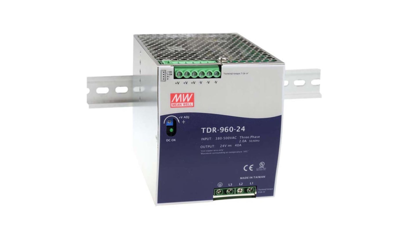 MEAN WELL TDR Getaktet DIN-Schienen Netzteil 960W, 340 → 550V ac, 24V dc / 40A