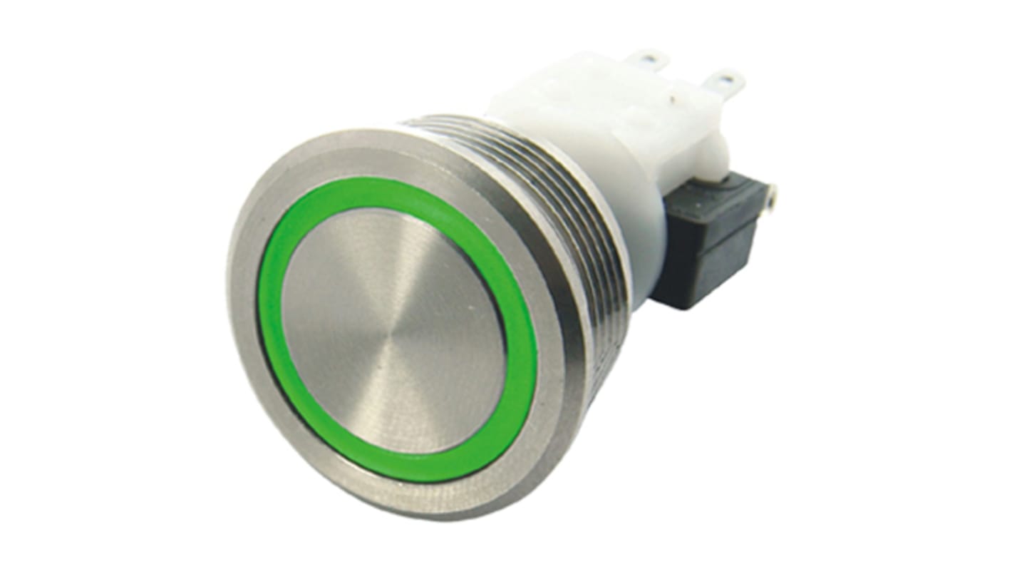 ITW Switches H48M Series Illuminated Push Button Switch, Latching, Panel Mount, 19.56mm Cutout, SPDT, Green LED, 250V