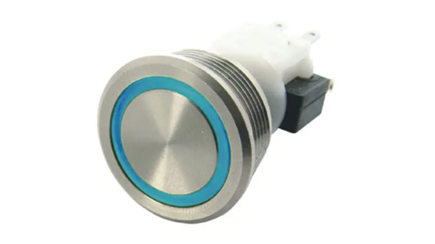 ITW Switches H48M Series Illuminated Push Button Switch, Latching, Panel Mount, 19.56mm Cutout, SPDT, Blue LED, 250V