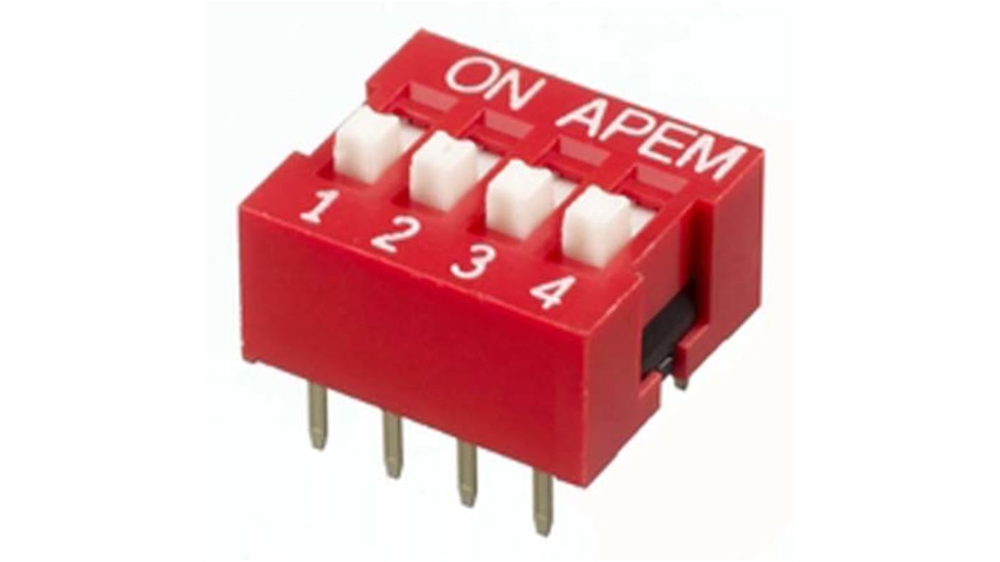 DIP switch 4-polet single-throw, Hulmontering, Forsænket 25 mA, 4-vejs, -40 → +85°C