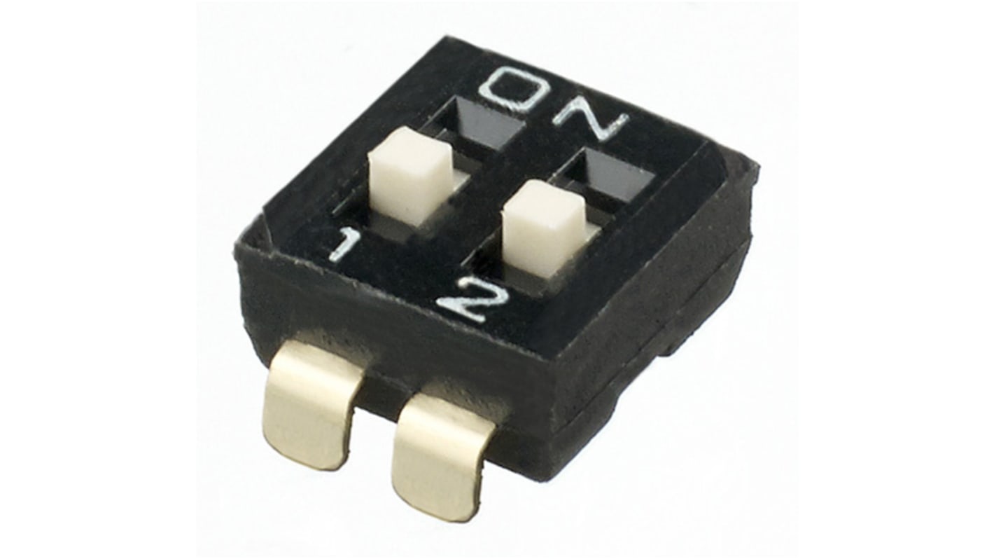 Interruptor DIP, DPST, Montaje superficial, Actuador Elevado, palanca, parte superior, 25 mA, 2 vías, -20 → +85°C