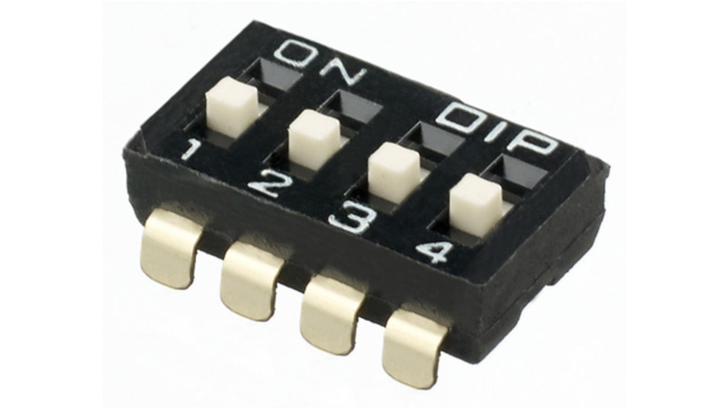 DIP switch 4PST, , SMD, Forhøjet 100 (ikke-indkoblet) mA ved 50 V dc, 25 (kobling) mA ved 24 V dc, 4-vejs, -20 →