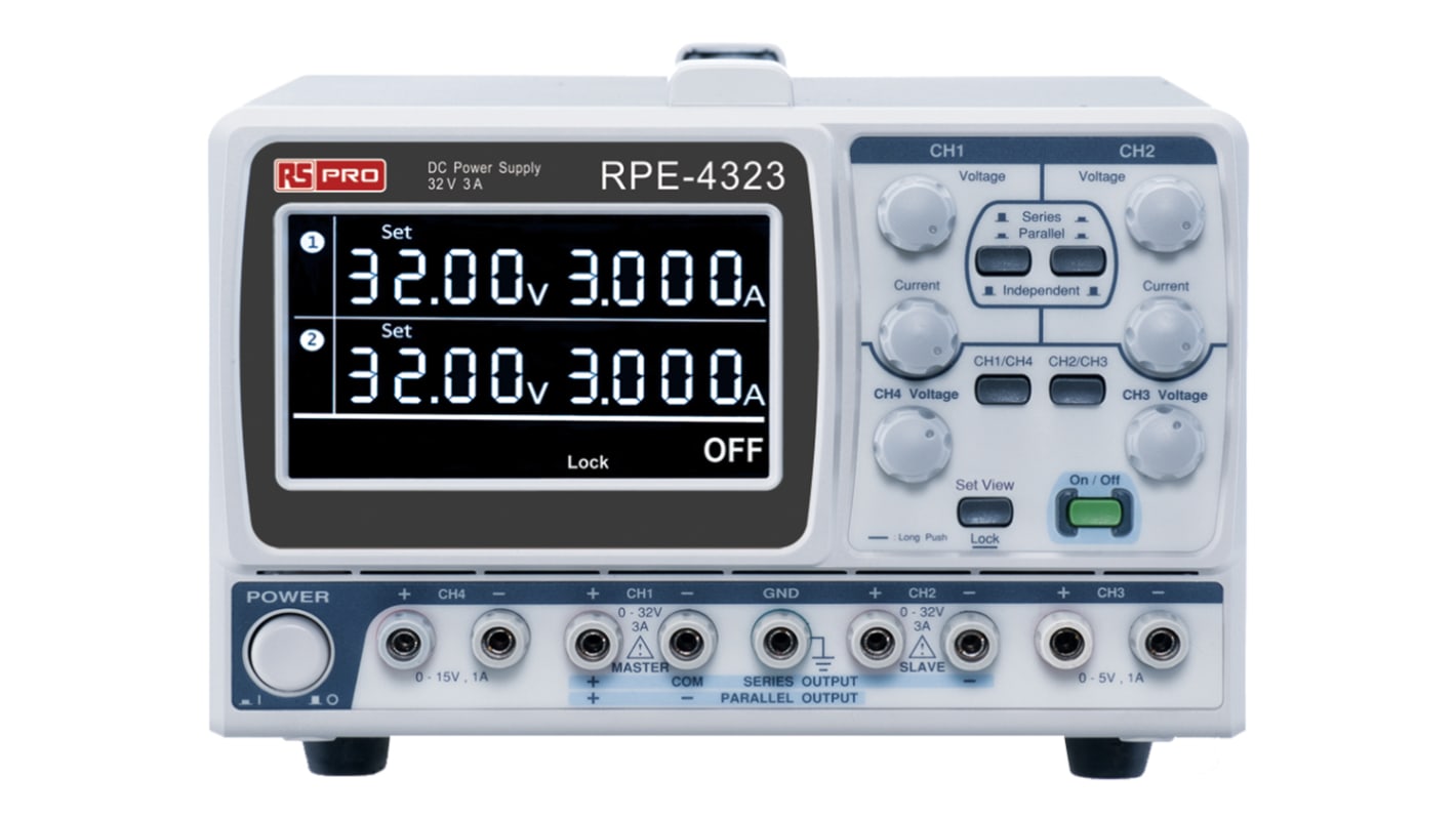 Alimentatore da banco RS PRO, 4 uscite, 0 → 15 (Channel 4) V dc, 0 → 32 (Channel 1) V dc, 0 → 32