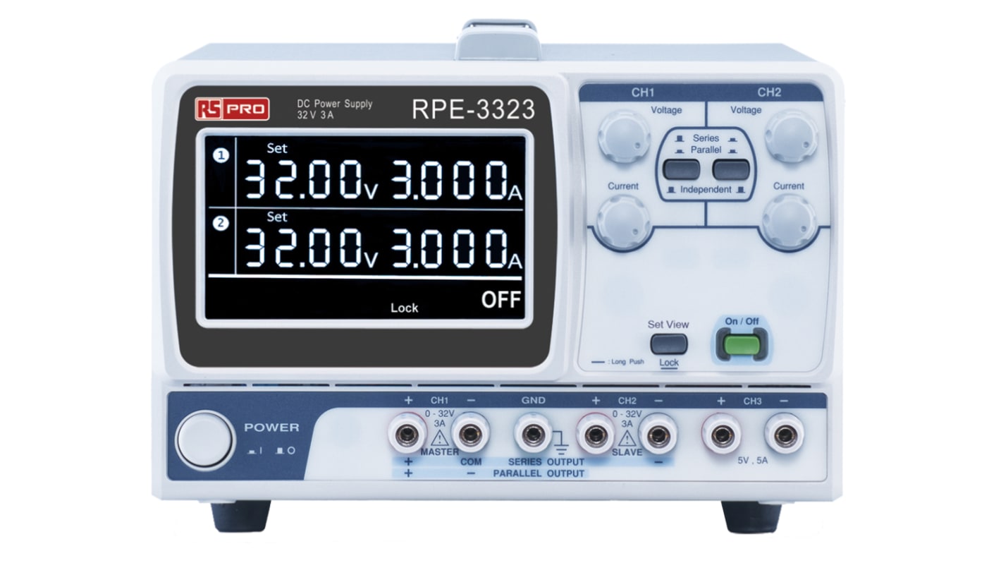 RS PRO Laboratoriestrømforsyning, 3 Udgange, 5 V, 2 x 0 → 32 V, 5 A, 2 x 0 → 3 A, 217W, RSCAL kalibreret