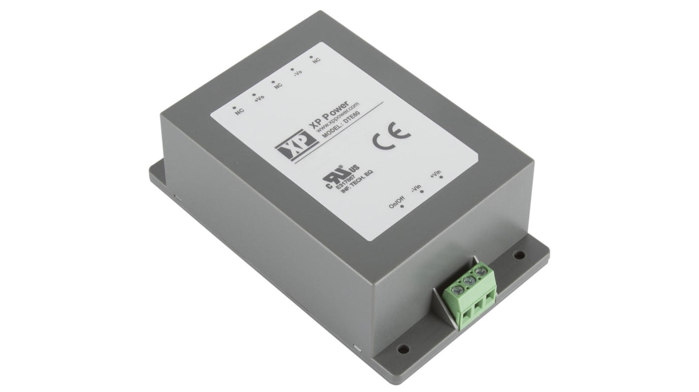 XP Power DTE60 DC-DC Converter, 12V dc/ 5A Output, 9 → 36 V dc Input, 60W, Chassis Mount, +85°C Max Temp -40°C